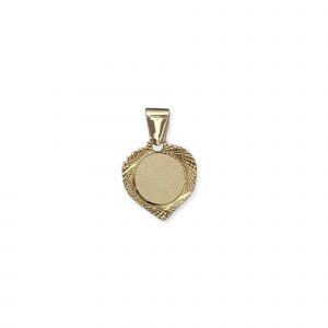 Produktbild Artikelnummer 15420. Gold Gravurplatten Goldanhänger für Halsketten oder Bettelarmband in Gelbgold Herzform und poliertem Kreis in der Mitte für die Gravur.