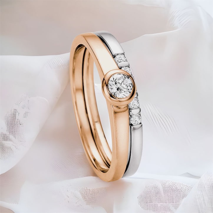Solitaire Ring Zargenfassung mit Memoire Ring Roségold Weißgold Juwelier Brandstetter