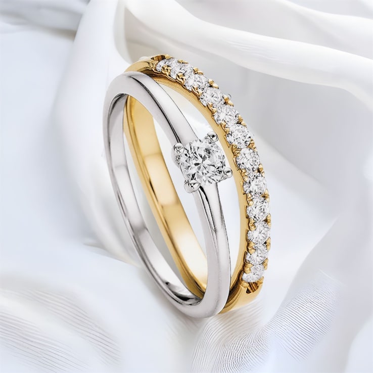 Solitaire Ring mit Memoire Ring Gelbgold Weißgold Juwelier Brandstetter
