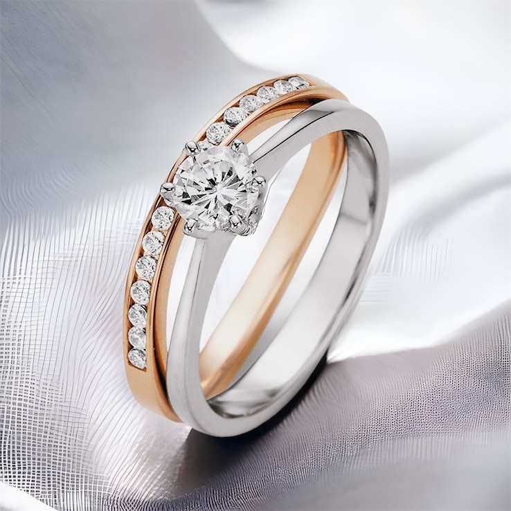 Solitaire Ring mit Memoire Ring Roségold Weißgold Juwelier Brandstetter
