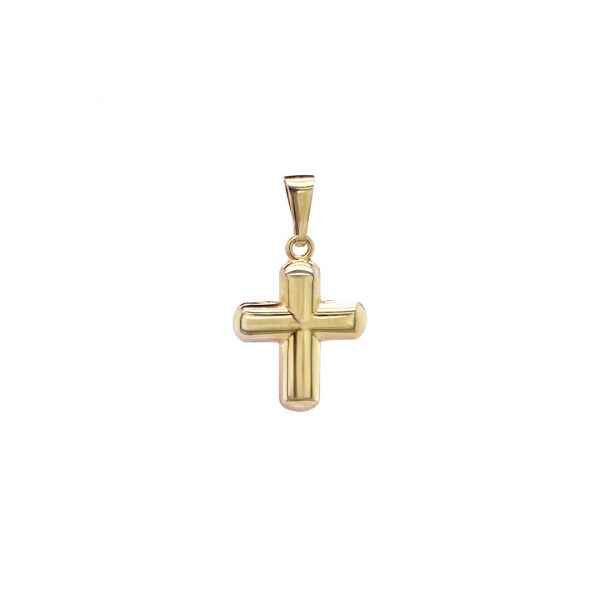 Schlichter Kreuzanhänger 585 Gelbgold – gewölbtes, poliertes Design, ideales Geschenk zur Taufe, Erstkommunion oder Firmung. Produktfoto mit weißem Hintergrund, Artikelnummer 1352