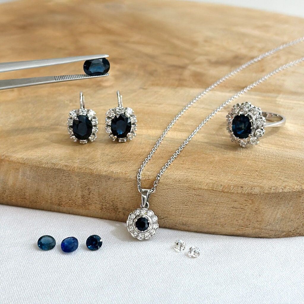 Weißgoldschmuck mit Diamanten und Saphiren Edelsteine auswählen und fassen
