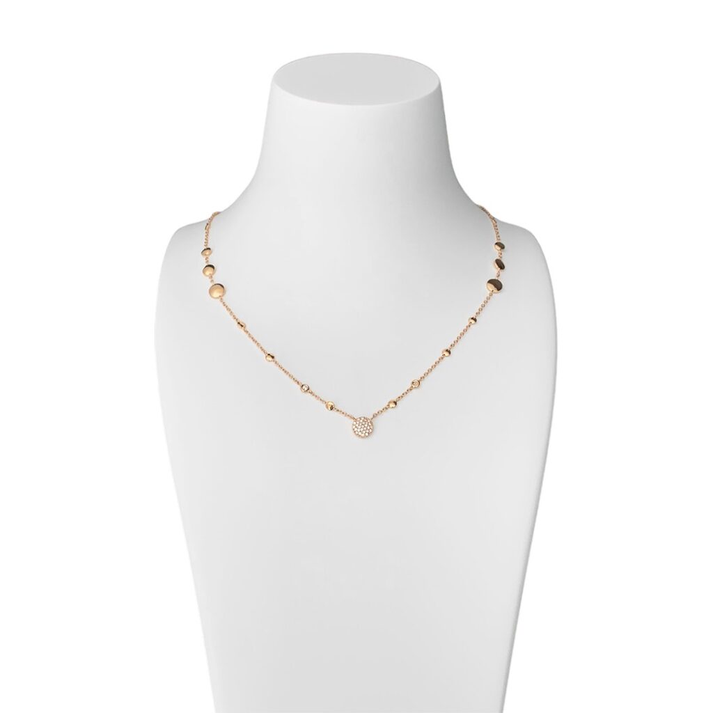 Collier aus 750 Roségold mit zarter Kette und polierten Plättchen in verschiedenen Größen, mittleres Plättchen mit Brillanten besetzt, 42cm lang, auf Schmuckbüste präsentiert.