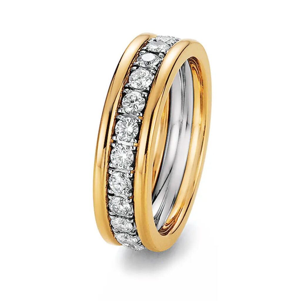 Weißgold Memoire Ring mit seitlichen Beisteckringen aus Gelbgold