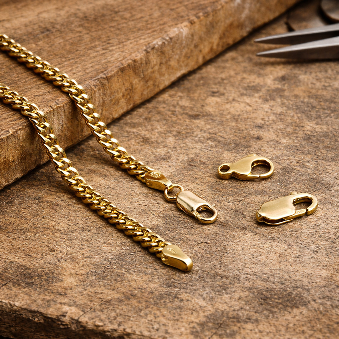 Goldkette mit Karabiner platziert auf einer Werkbank