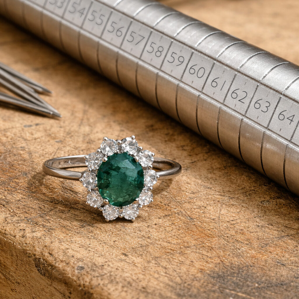 Diamantring mit Smaragd und ein Ringweitenmessstab Ringweitenänderung
